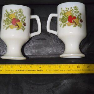 Vintage Milk Glass Pedestal Mugs With Fruit Design - Set Of 2